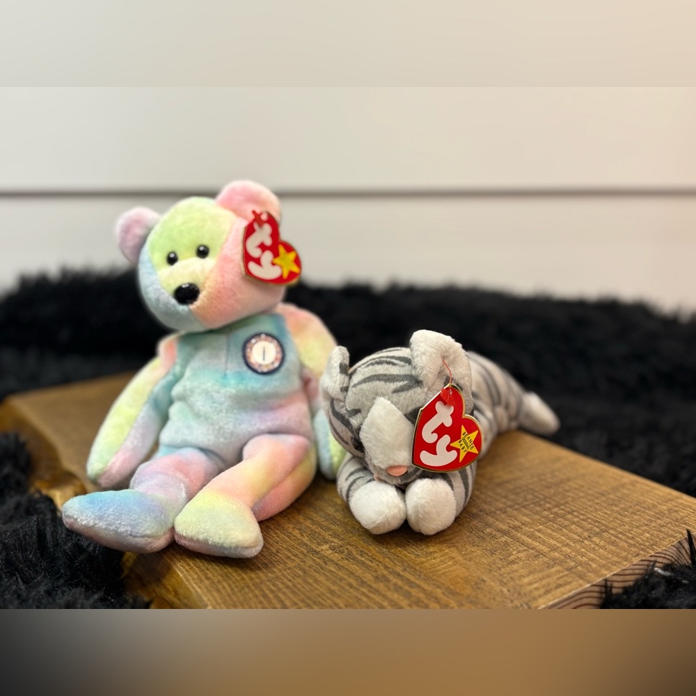 Ty Beanie Babies B.B. Bear 1999 & Prance Cat 1997 Plush Lot Birthday Tags
